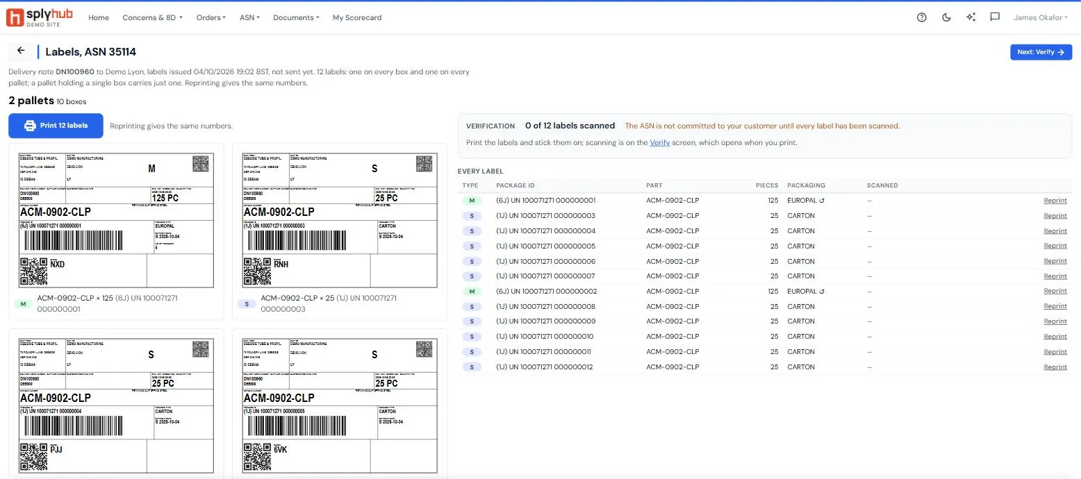 The labels page: Odette labels drawn on screen, every label listed with its package ID, part, pieces and packaging, and the verification count