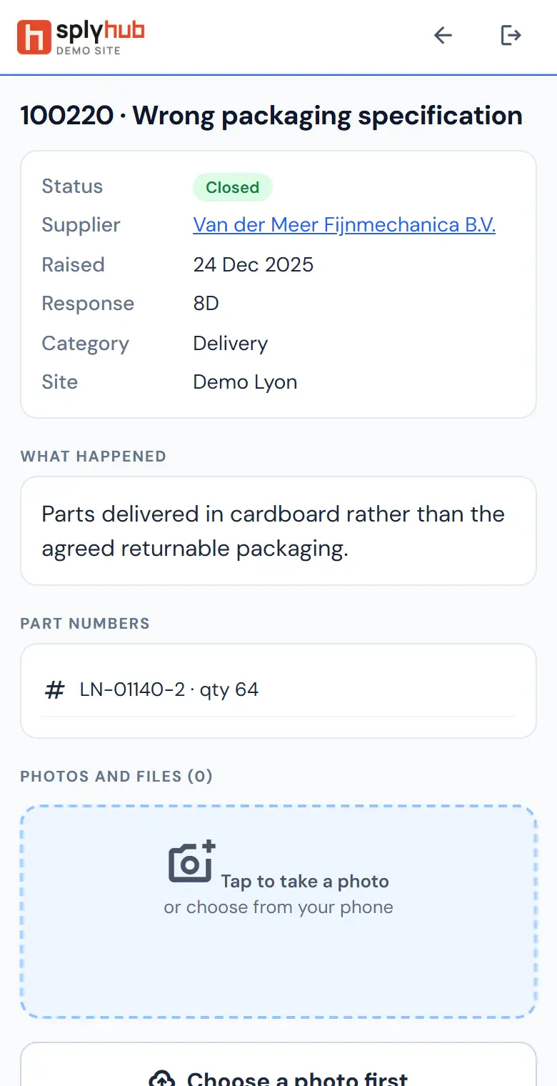 A concern on the phone: status, supplier, what happened, part numbers, and a button to take a photo