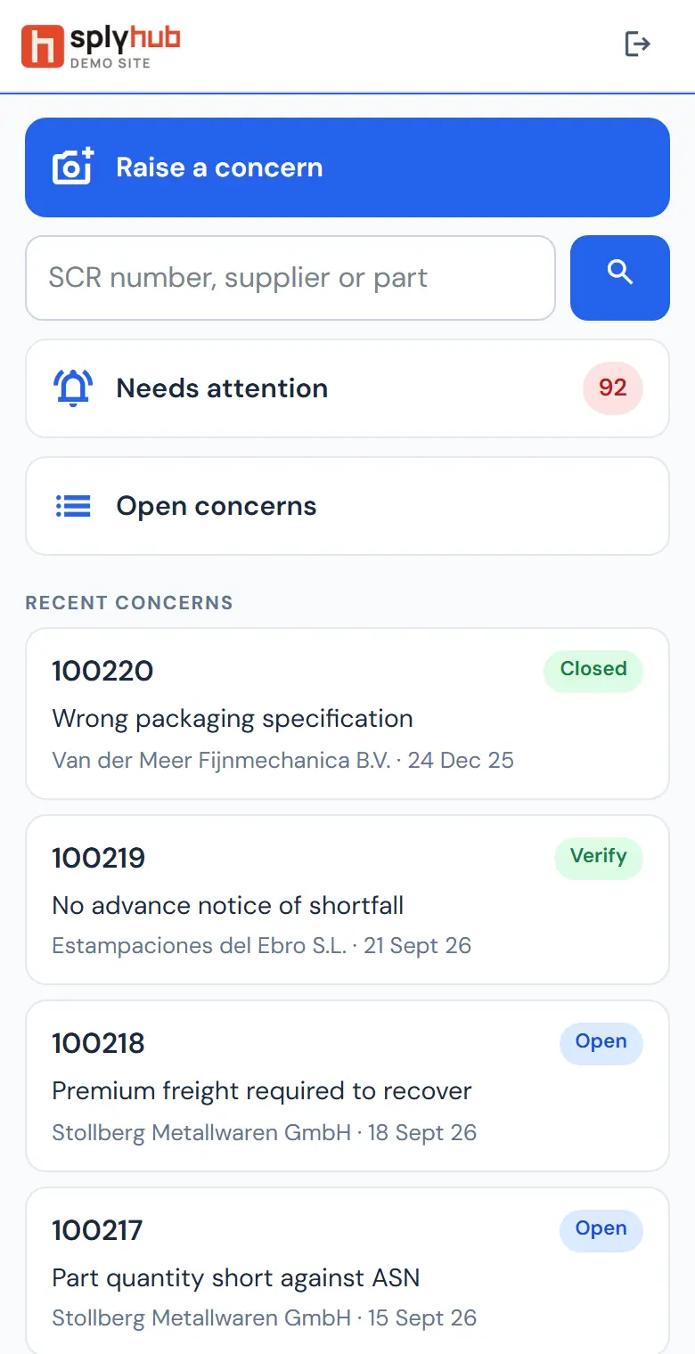 The phone view: raise a concern, search, needs attention, open concerns, recent concerns