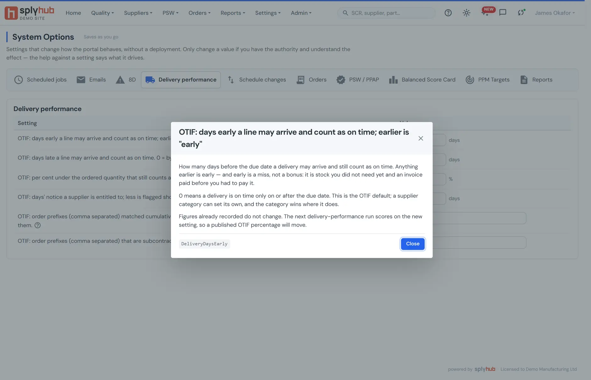 System Options: settings grouped on tabs down the left, the delivery performance settings with their units, and the help for days early open beside them