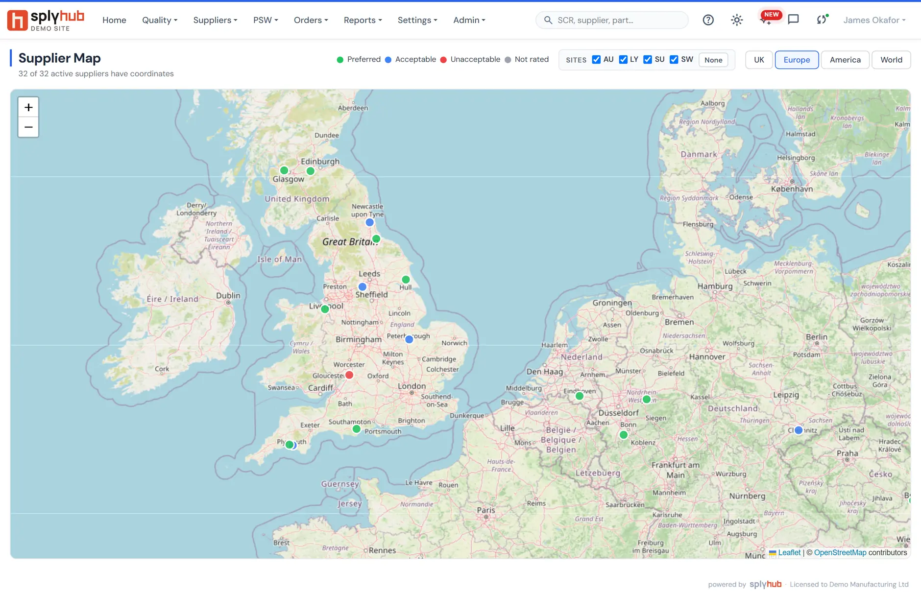 Supplier Map: every supplier with coordinates as a dot coloured by its rating, with the UK, Europe, America and World views